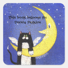 Katze auf dem Mondsticker Quadratischer Aufkleber