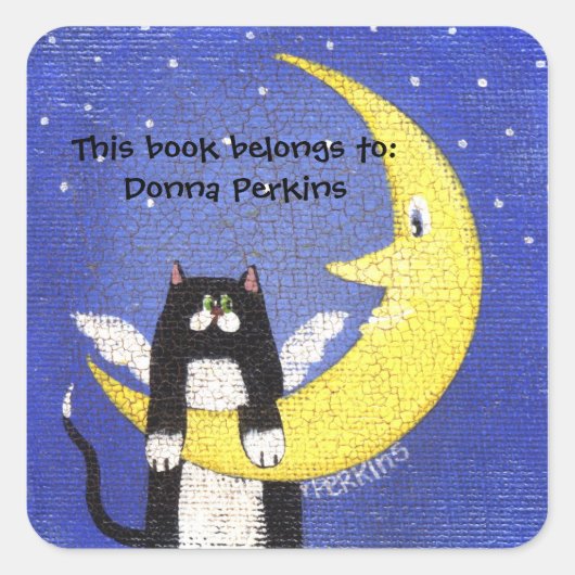 Katze auf dem Mondsticker Quadratischer Aufkleber (Vorderseite)