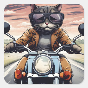 Katze auf dem Motorrad Quadratischer Aufkleber