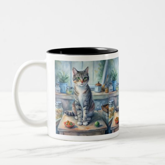Katze auf dem Tisch Zweifarbige Tasse (Links)