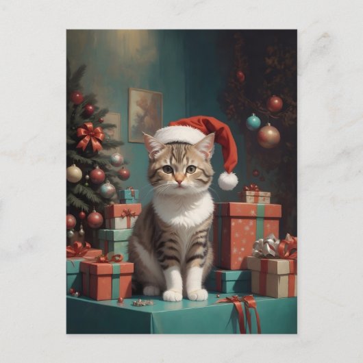 Katze auf dem Weihnachtstisch Postkarte (Vorderseite)