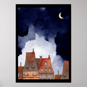 Katze auf den Dächern von Paris in der nächtlichen Poster