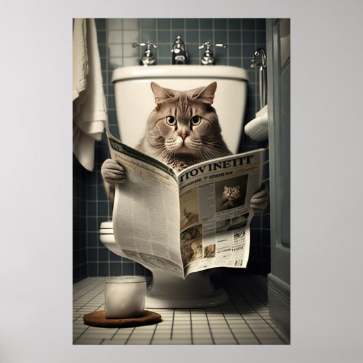 Katze auf der Toilette Lesen einer Zeitung Poster (Vorne)