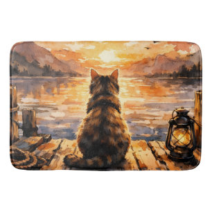 Katze auf Dock bei Sonnenuntergang Badematte