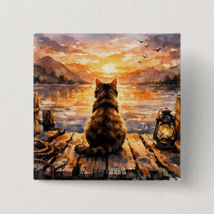 Katze auf Dock bei Sonnenuntergang Button