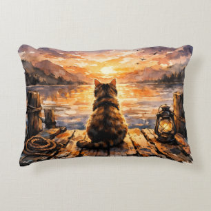 Katze auf Dock bei Sonnenuntergang Dekokissen
