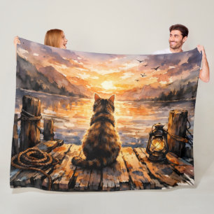 Katze auf Dock bei Sonnenuntergang Fleecedecke