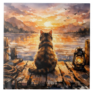Katze auf Dock bei Sonnenuntergang Fliese