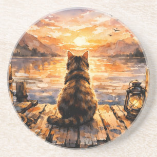 Katze auf Dock bei Sonnenuntergang Getränkeuntersetzer