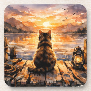 Katze auf Dock bei Sonnenuntergang Getränkeuntersetzer