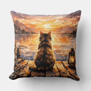 Katze auf Dock bei Sonnenuntergang Kissen