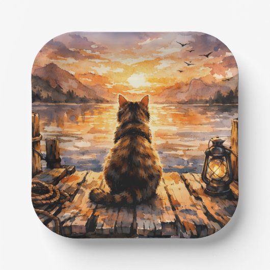 Katze auf Dock bei Sonnenuntergang Pappteller (Vorderseite)