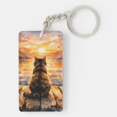 Katze auf Dock bei Sonnenuntergang Schlüsselanhänger (Rückseite)