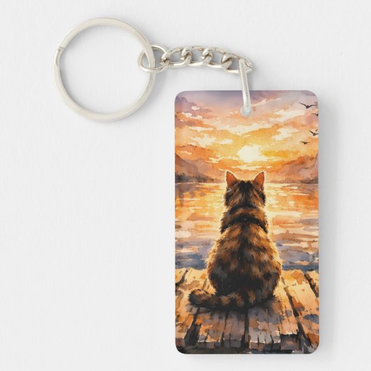 Katze auf Dock bei Sonnenuntergang Schlüsselanhänger (Vorderseite)