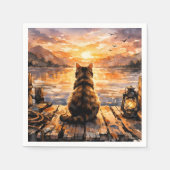 Katze auf Dock bei Sonnenuntergang Serviette (Vorderseite)