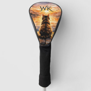 Katze auf Dock bei Sonnenuntergangs-Monogramm Golf Headcover