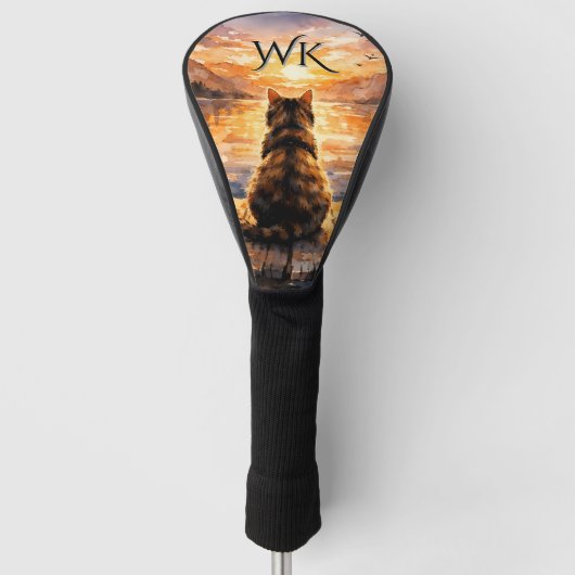 Katze auf Dock bei Sonnenuntergangs-Monogramm Golf Headcover (Vorderseite)