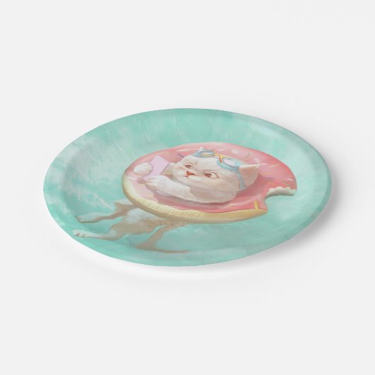 Katze auf Donut Pool Floating Pappteller (Schrägansicht)