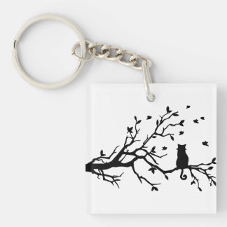 Katze auf einem Baum - Silhouette Schlüsselanhänger
