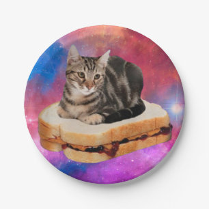 Katze auf einem Brot im Weltraum Pappteller
