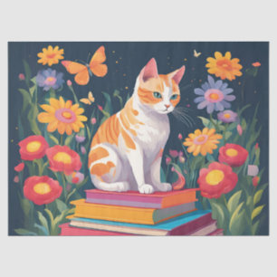 Katze auf einem Bücherstapel Seidenpapier