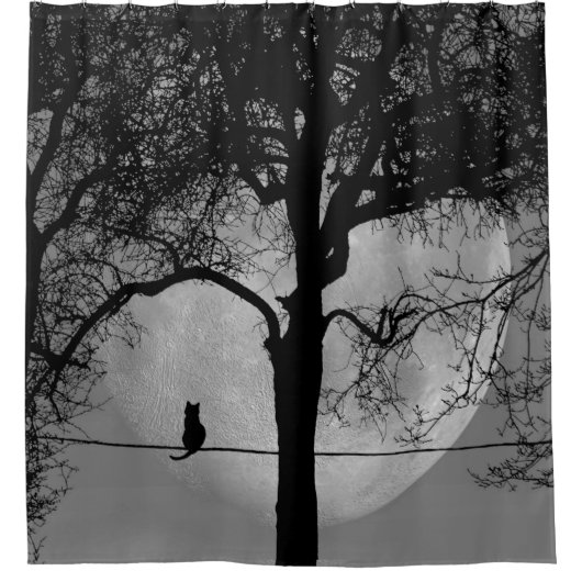 Katze auf einem Draht Vollmond Duschvorhang (Vorderseite)