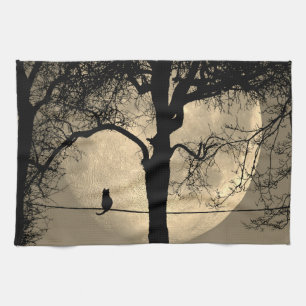 Katze auf einem Draht Vollmond Geschirrtuch