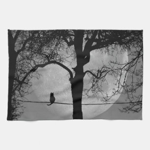 Katze auf einem Draht Vollmond Geschirrtuch