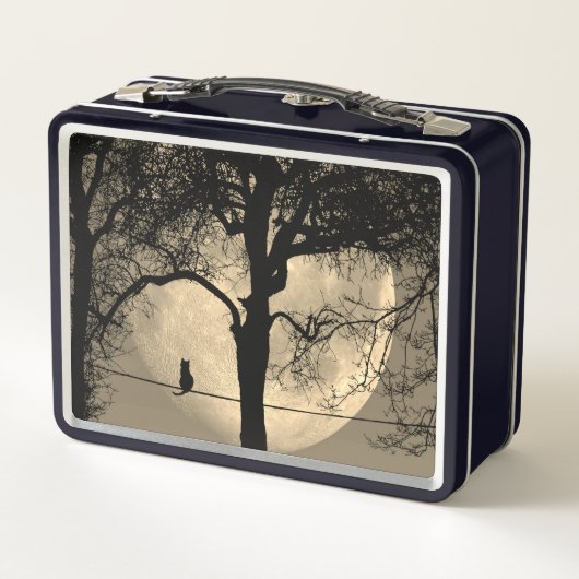 Katze auf einem Draht Vollmond Metall Brotdose (Rückseite)