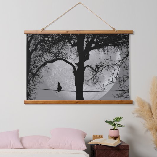 Katze auf einem Draht Vollmond Wandteppich Mit Holzrahmen (Schlafzimmer)