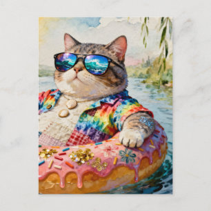 Katze auf einem Floßausflug Postkarte