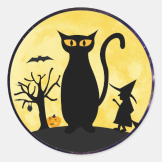 Katze auf einem Halloween-Mond-Umschlag Aufkleber- Runder Aufkleber
