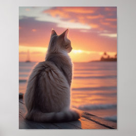 Katze auf einem Pier mit Sonnenuntergang und ozean Poster