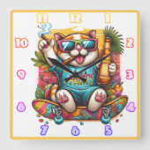 Katze auf einem Skateboard mit tropischem Flair fe Quadratische Wanduhr (Vorderseite)