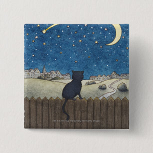 Katze auf einem Zaun, der nächtlichen Himmel übe Button
