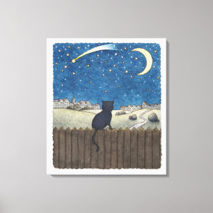 Katze auf einem Zaun, der nächtlichen Himmel übe Leinwanddruck