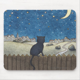 Katze auf einem Zaun, der nächtlichen Himmel übe Mousepad