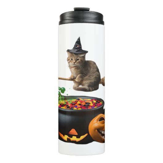 Katze auf einen Besen zu Halloween. Klassischer T Thermosbecher (Vorderseite)