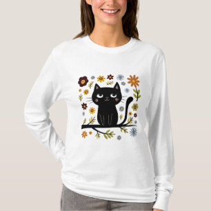 Katze auf einer Zweigniederlassung Zeichnend Langs T-Shirt