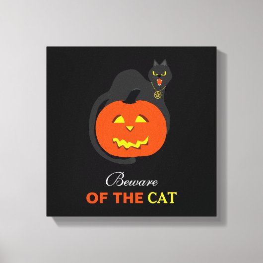 Katze auf Kürbis, Vorsicht vor der Katze Leinwanddruck (Vorderseite)