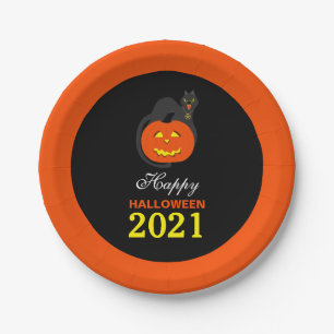 Katze auf Kürkin, glückliches Halloween Pappteller