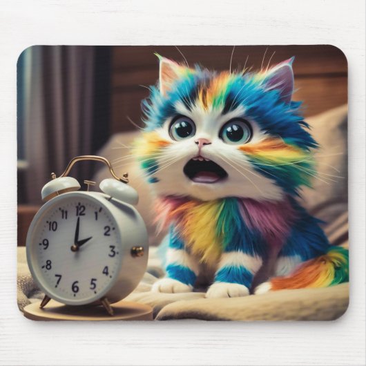 Katze auf Mauspad mit Wecker (Vorne)