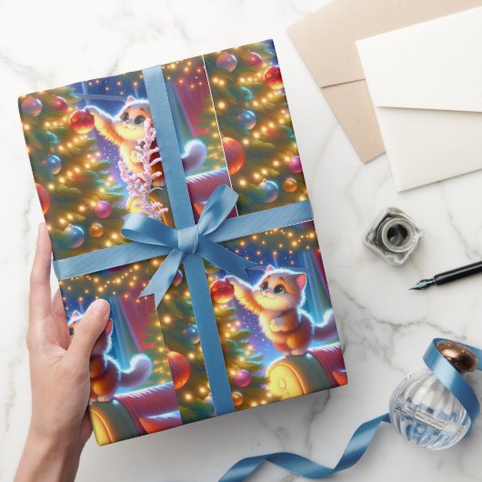 Katze auf Sofa Stehend, um Weihnachtsbaum zu dekor Geschenkpapier (Schenken)