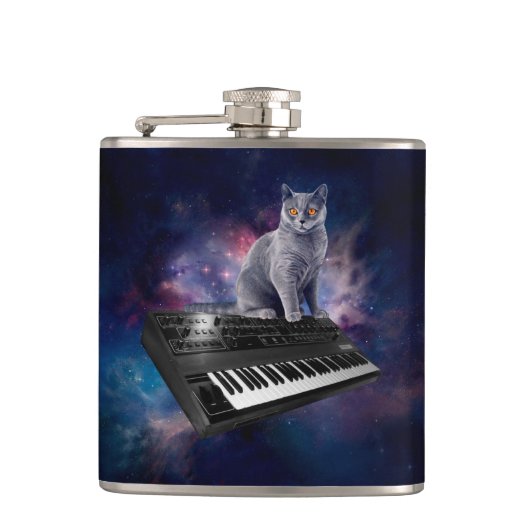 Katze auf Synthesizer im Weltraum Flachmann (Vorderseite)