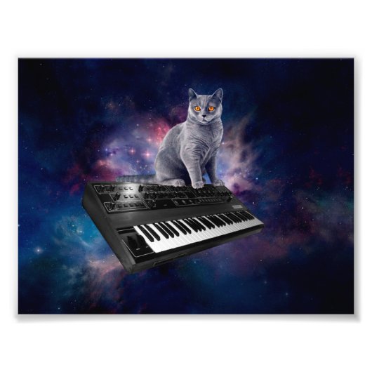 Katze auf Synthesizer im Weltraum Fotodruck (Vorne)