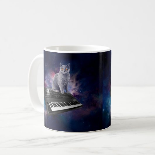 Katze auf Synthesizer im Weltraum Kaffeetasse (Vorderseite Links)