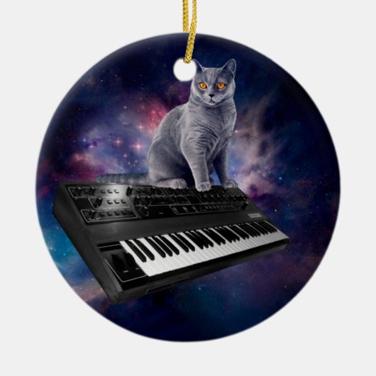 Katze auf Synthesizer im Weltraum Keramik Ornament (Vorne)