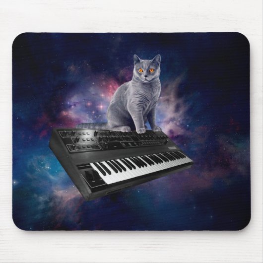 Katze auf Synthesizer im Weltraum Mousepad (Vorne)