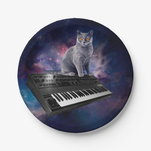 Katze auf Synthesizer im Weltraum Pappteller (Vorderseite)