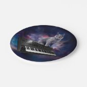 Katze auf Synthesizer im Weltraum Pappteller (Schrägansicht)